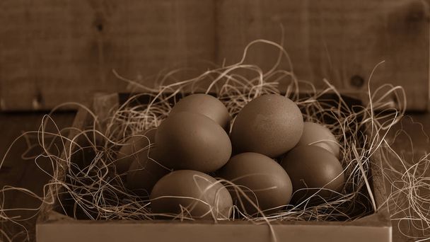 Eggs in the village on the table. The farms products. Fresh foo - Photo, Image
