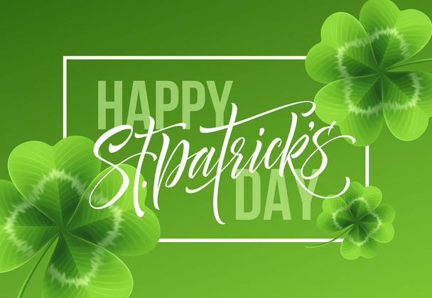 Happy Saint Patricks Day greeting lettering on clovers leaf background. Vector Illustration - Vetor, Imagem