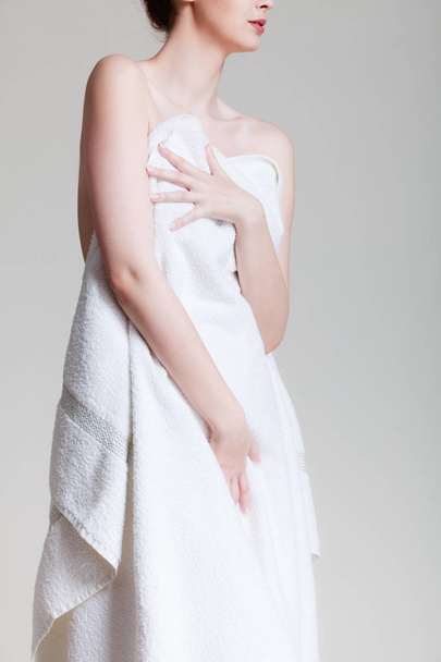 Beauty woman in white bath towel. - 写真・画像