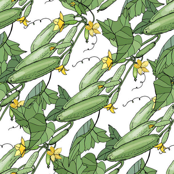 Seamless pattern with cucumber on white. Endless texture with vegetables and flowers - Vektori, kuva