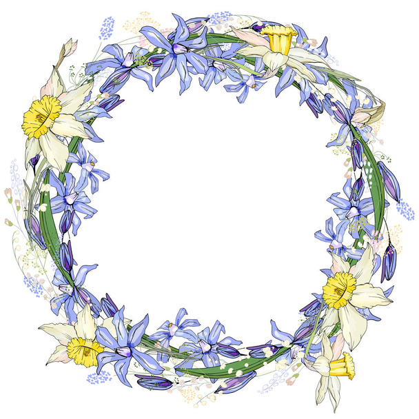 Spring easter round frame with space for text. Primrose flowers,handdrawn,blue and yellow - Vettoriali, immagini