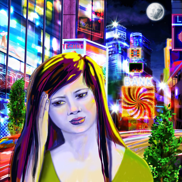 Chica pensativa en el centro de la ciudad por la noche. Un pintoresco br
 - Foto, Imagen