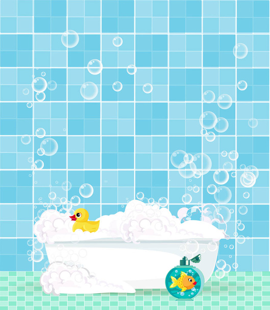 bañera con espuma, burbujas, pato de goma sobre fondo azulejo azul
 - Vector, imagen