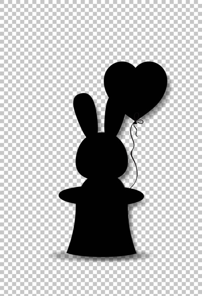 Черный силуэт кролика с сердечным шаром в чёрной волшебной шляпе
 - Вектор,изображение