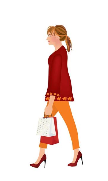 Woman walking and holding shopping bags - Vector, Image