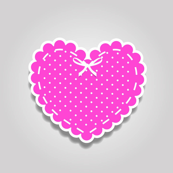 Pink and white paper cut lacy heart sticker with bow and polka d - Vector, Image