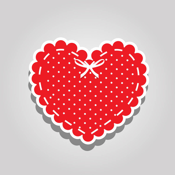 Piros szív fehér pöttyös mintázatot, fűzés és szalag - Vektor, kép