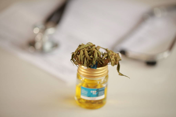 cannabis, CBD oil ,stethoscope and recipe - Zdjęcie, obraz