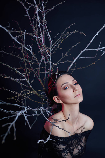 Mystical portrait of an Armenian woman with big blue eyes and branches behind. Lovely gorgeous girl posing in evening dress. Bright makeup, woman mystery. - Foto, immagini