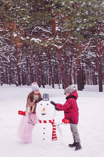 The boy with the girl, snowy forest, build a snowman - Φωτογραφία, εικόνα