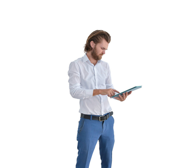 Stressed western businessman using a tablet isolated on white - Φωτογραφία, εικόνα
