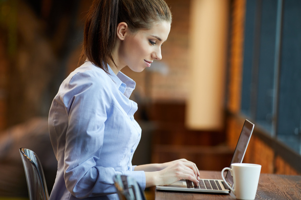 Beautiful, young woman with laptop working in office - Photo, Image