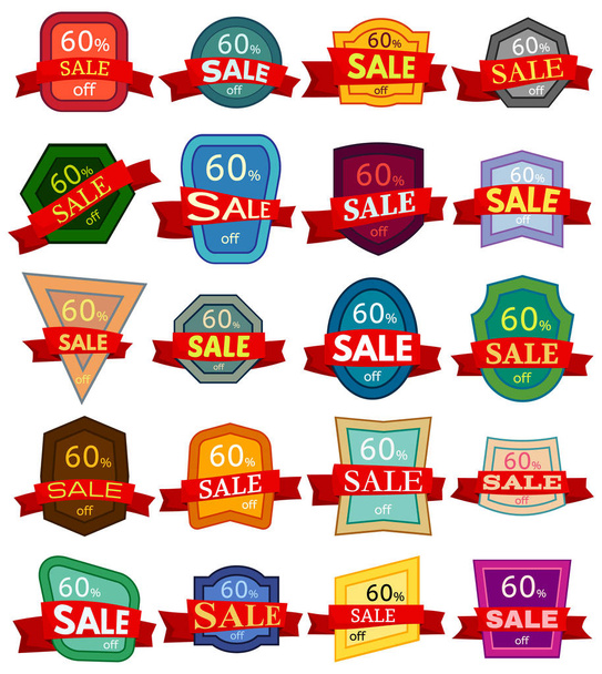 Set of twenty discount stickers. Colorful badges with red ribbon for sale 60 percent off - Vector, Image