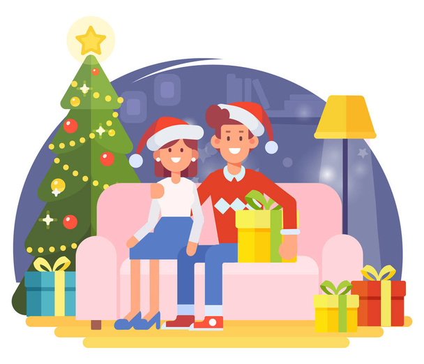 Mutlu çift birlikte evde kanepede oturan ve Noel kutlaması. Karikatür tarzı, düz vektör çizim. - Vektör, Görsel