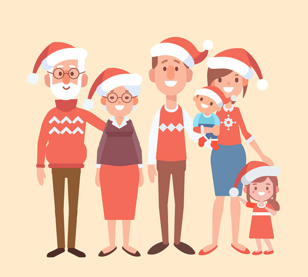 Boldog Karácsonyt és új évet. Boldog család együtt. Anya, apa és a gyermekek santa kalap. Rajzfilm stílusú, lapos vektoros illusztráció. - Vektor, kép