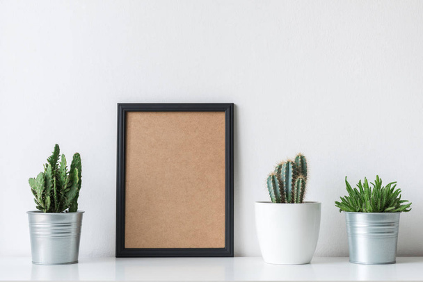 Modern room decoration. Various cactus and succulent plants in different pots. Mock-up with a black frame. - Foto, Bild