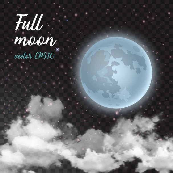 Vector εικονογράφηση της skyscape φεγγάρι με ρεαλιστική νύχτα με πανσέληνο και λίγα σύννεφα επιπλέει απομονωμένες σε διαφανές φόντο - Διάνυσμα, εικόνα