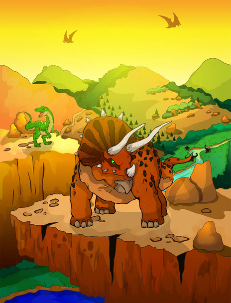 Schattige cartoon triceratops met landschap-achtergrond. - Vector, afbeelding
