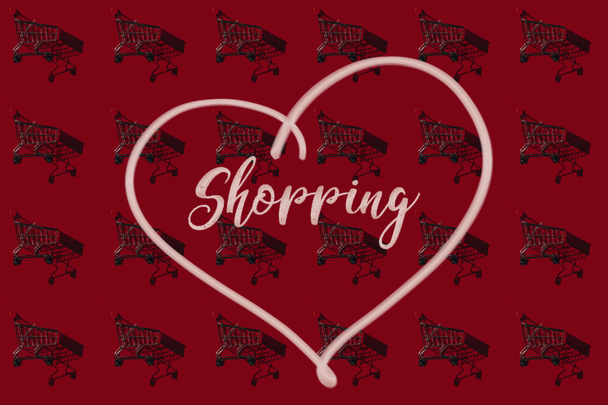 conjunto de carritos de compras con sombras en rojo con palabra de compras en el corazón
 - Foto, Imagen