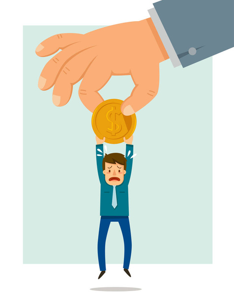 Big hand taking a coin from a small man. Concept of authorities taking money from citizens. - Vector, Image