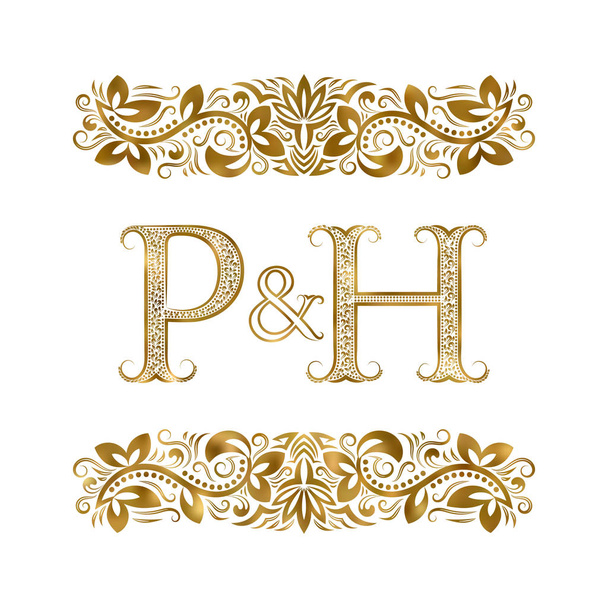 P y H vintage iniciales símbolo del logotipo. Las letras están rodeadas de elementos ornamentales. Boda o socios de negocios monograma en estilo real
. - Vector, Imagen