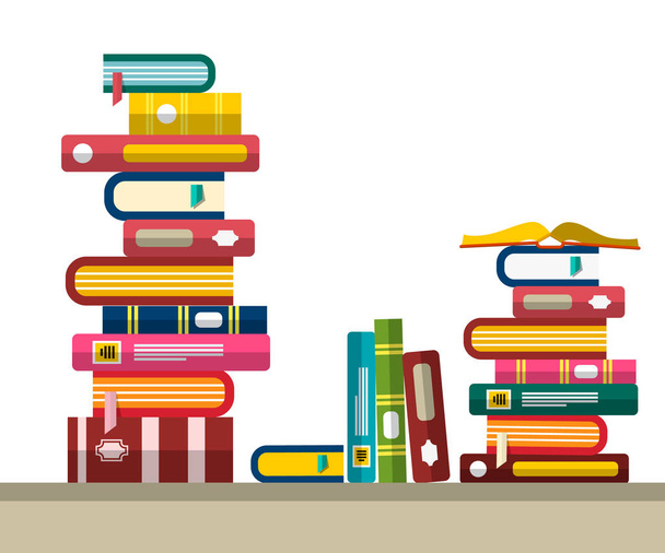 Bücherstapel in Bibliothek oder Buchhandlung. Vektor flaches Design Illustration. - Vektor, Bild