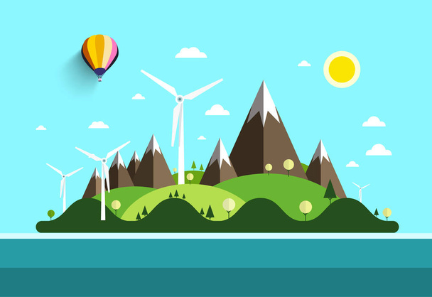 Flat Design Landscape. Island in Ocean. Vector Nature Scene with Hills and Mountains with Windmills. - Vector, Image