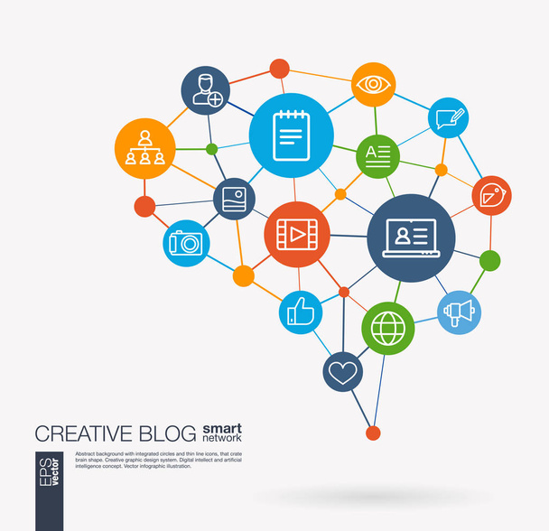 AI creative think system concept. Digital mesh smart brain idea. Futuristic interact neural network grid connect. Blog, video content publish, post writing, follower integrated business vector icons. - Vector, Image