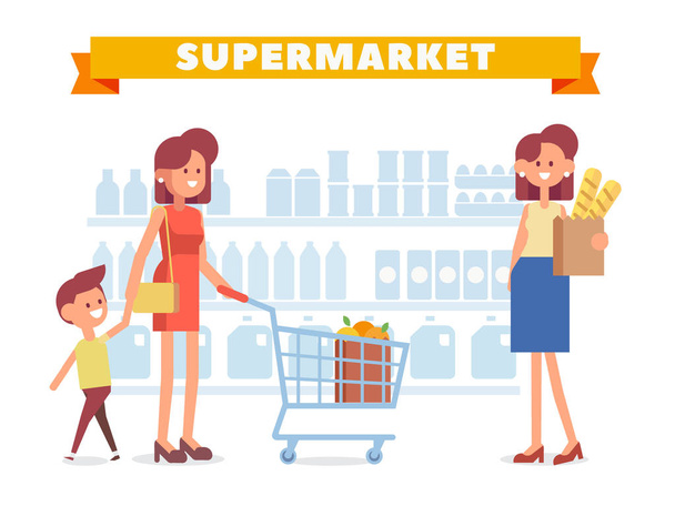 Les gens font du shopping au supermarché. Dessin animé, illustration vectorielle plate
. - Vecteur, image