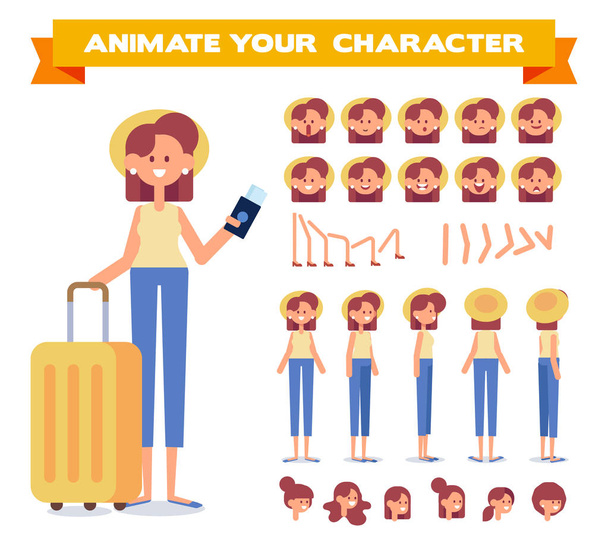 Traveler girl with tickets and luggage. Front, side, back, 3/4 view character. Woman character constructor with various views, face emotions, poses. Cartoon style, flat vector illustration. - Vector, Image