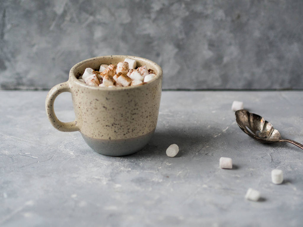 Chocolat chaud avec guimauve dans une tasse sur un fond gris
 - Photo, image