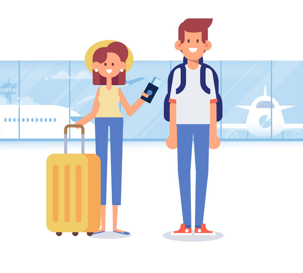 People traveling design. Happy couple travel together. Smiling man holding passport ready for vacation travel at the airport. Flat Vector illustration. Character design. - Vector, Image