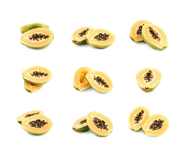 Papaye fruits coupés en deux moitiés isolés
 - Photo, image