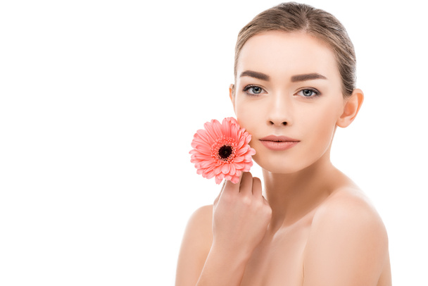 attractive girl with perfect skin and flower, isolated on white - Fotoğraf, Görsel