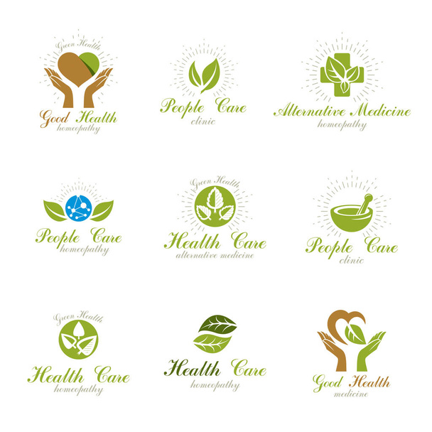 Groene gezondheid idee logo's leven in harmonie met de natuur metafoor, set. Wellness-center abstracte moderne emblemen. - Vector, afbeelding
