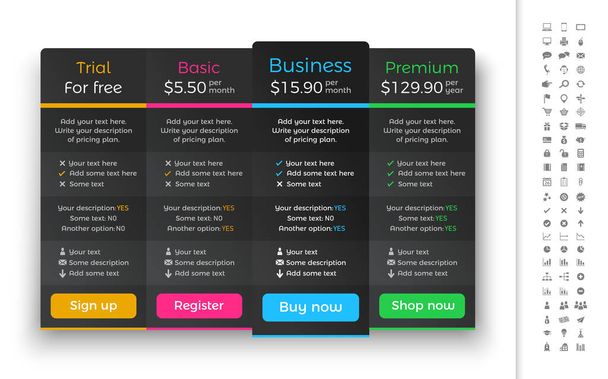Dark pricing table with 4 plans and one recommended option - Вектор, зображення