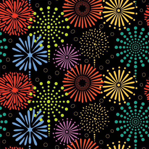 Hand drawn seamless pattern with bright colorful firework, on black background, Design concept for birthday party and New Year celebration, vector, illustration  - Vector, Image