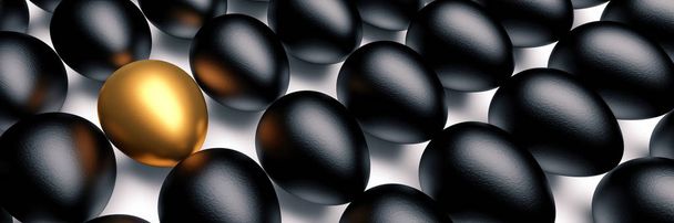 Golden egg among the black eggs. Concept of luxury. 3D illustration - Photo, Image
