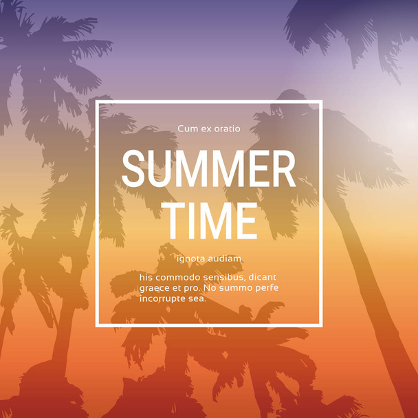 Summer Time Template Poster Background With Palm Trees Over Sunset Landscape Summertime Vacation Banner - Vetor, Imagem