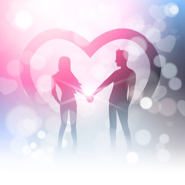 Couple Hold Hands Over Bokeh Background And Heart Shape In Blur Shiny Light - Vetor, Imagem