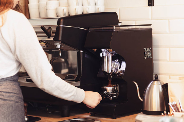 Barista, cafe, making coffee, preparation and service concept - Фото, изображение