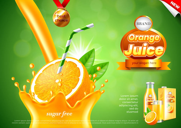 Wylewanie soku pomarańczowego reklamy. Realistyczne tło - Wektor, obraz