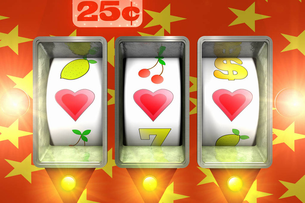 3D render of a close up of  a slot machine with hearts shapes in the wining line - Photo, Image