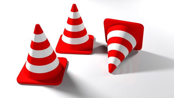 Three cones striped red and white, for work sites on the street - 3D rendering illustration - Valokuva, kuva