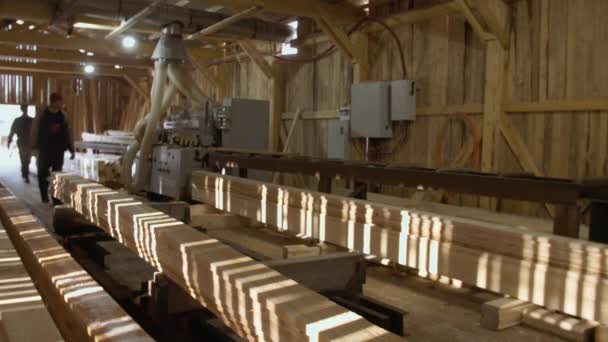 Carpinteros pone tablón de madera en la máquina de unión en el aserradero
 - Metraje, vídeo