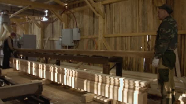 Charpentiers met la planche de bois sur la machine de menuiserie à scierie
 - Séquence, vidéo