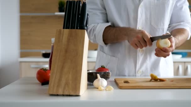 Unrecognizable person cuts and peels onion - Filmati, video
