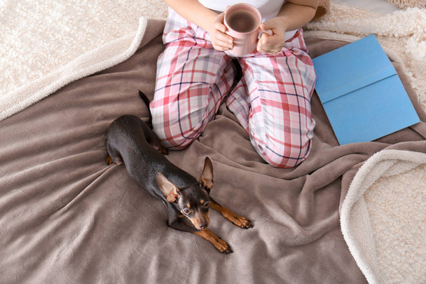 Woman with cute toy terrier on bed indoors - Foto, Imagen