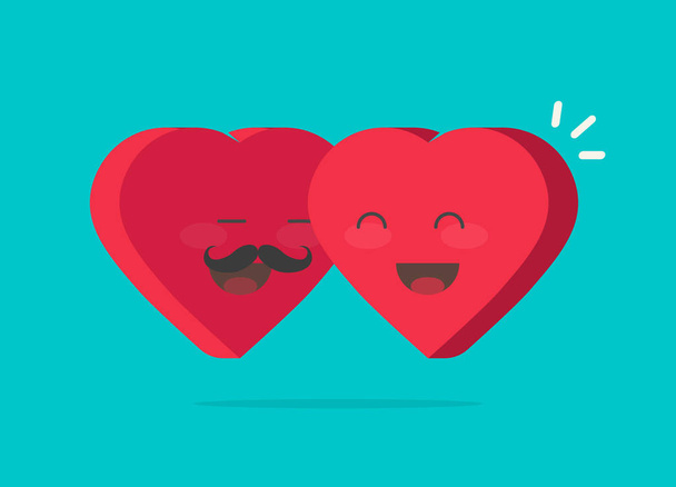 Dva happy srdce pÛdû vektorové ilustrace, plochý design muž a žena srdce postavičkami jako pár společně se usmívající se tváře, krásné objetí symbolu, myšlenka Valentýn dárek ikony, vášeň - Vektor, obrázek