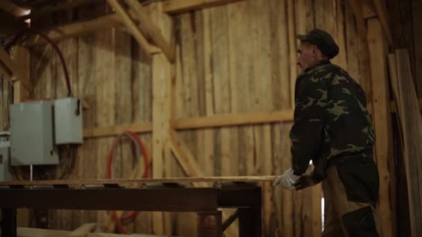 Tischler legt Holzplanke auf Veredelungsmaschine im Sägewerk - Filmmaterial, Video